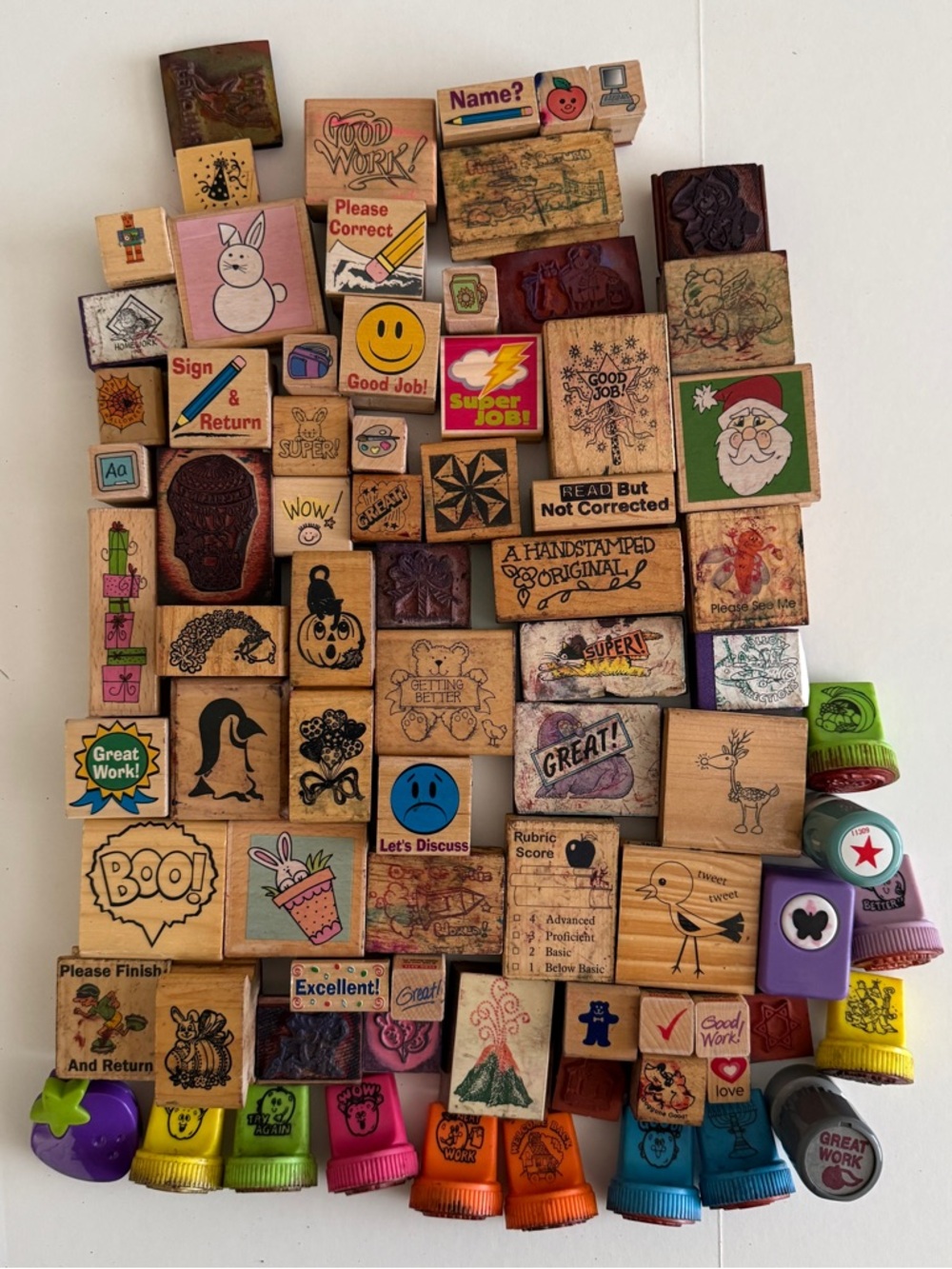 Vintage 80's/90's Assorted Wooden and Rubber Teacher/School Stamp Lot